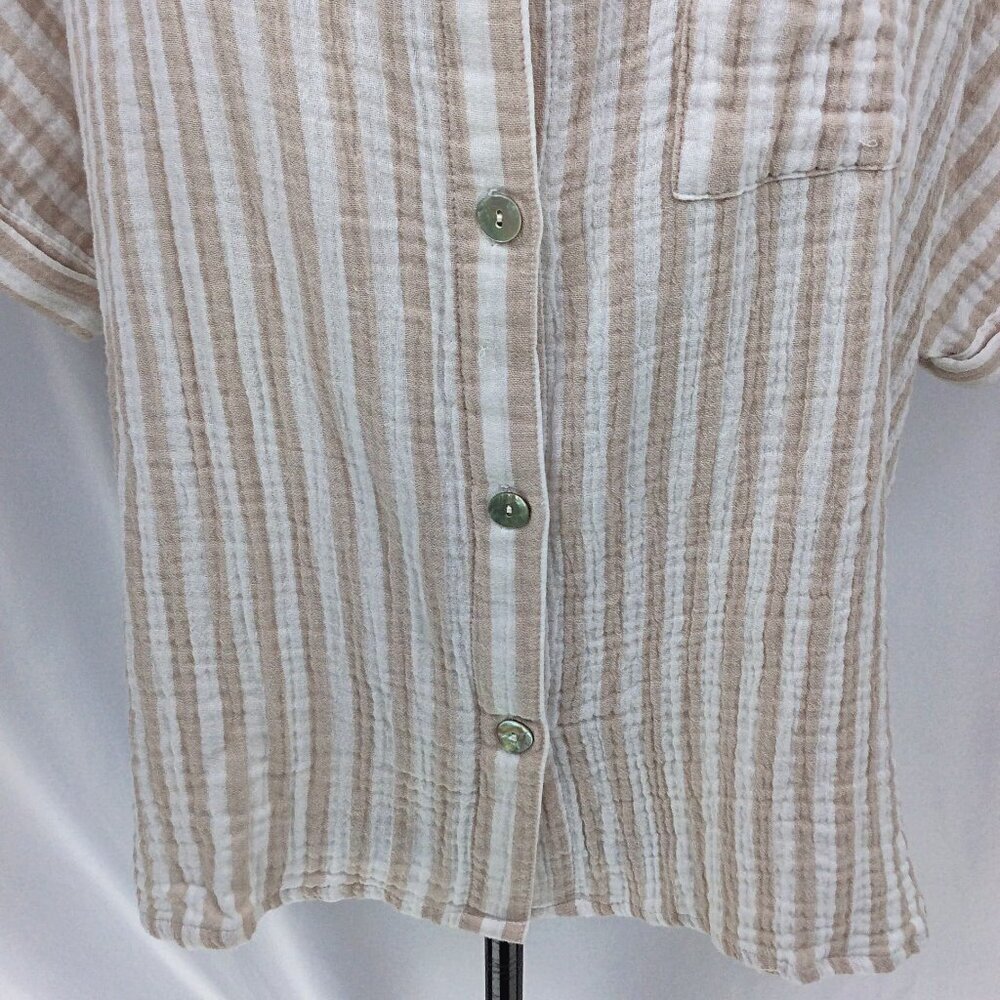 Angels Forever Young Top Womens Size 1X White Beige Striped‎ Muslin Button Down - Picture 6 of 8